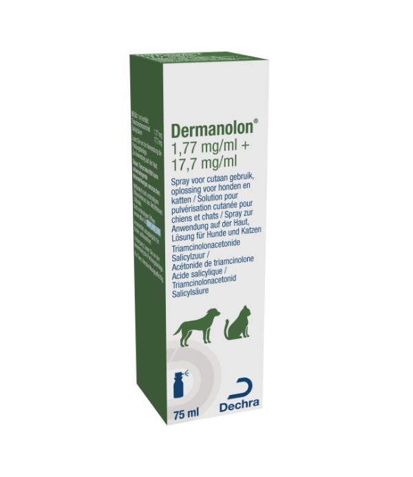 Dermanolon 1,77 mg/ml + 17,7 mg/ml huidspray, oplossing voor honden en katten
